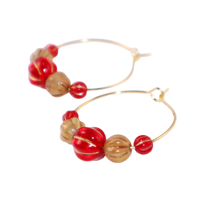 Beaded Hoop Earrings – Red Center with Brown and Red Beads