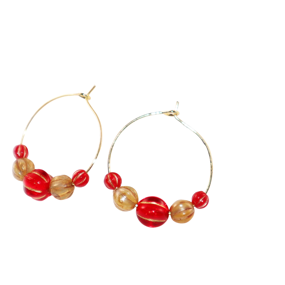 Beaded Hoop Earrings – Red Center with Brown and Red Beads