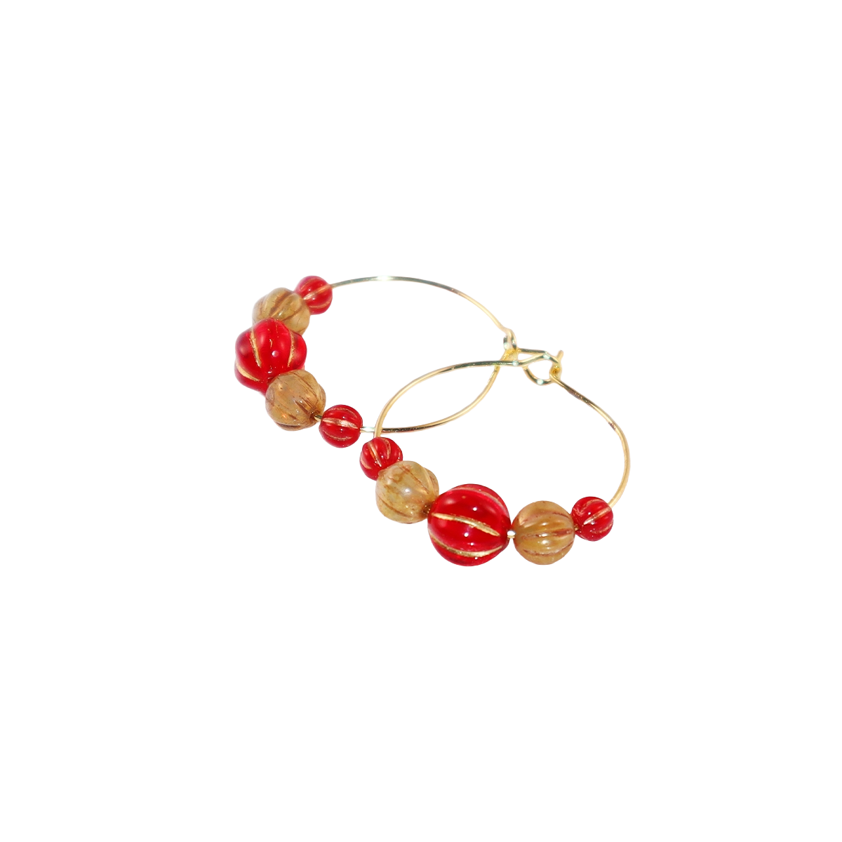 Beaded Hoop Earrings – Red Center with Brown and Red Beads
