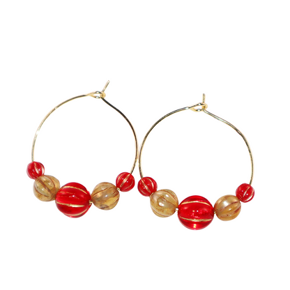 Beaded Hoop Earrings – Red Center with Brown and Red Beads