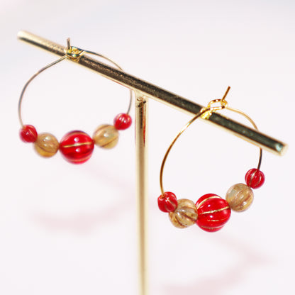 Beaded Hoop Earrings – Red Center with Brown and Red Beads