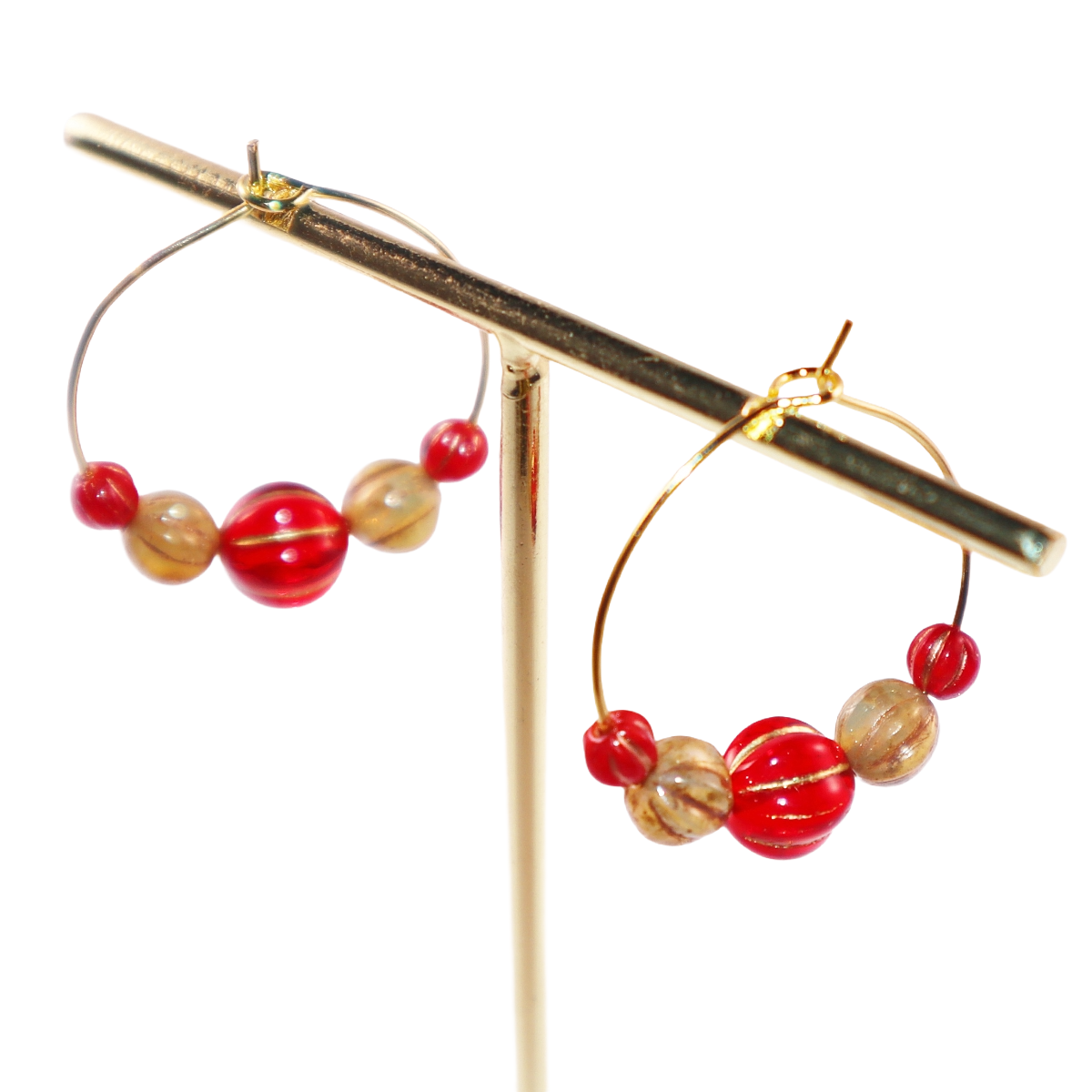 Beaded Hoop Earrings – Red Center with Brown and Red Beads