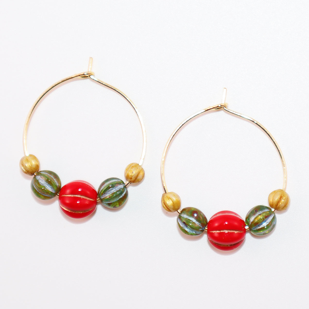 Beaded Hoop Earrings – Red, Green, Gold Beads
