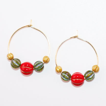 Beaded Hoop Earrings – Red, Green, Gold Beads