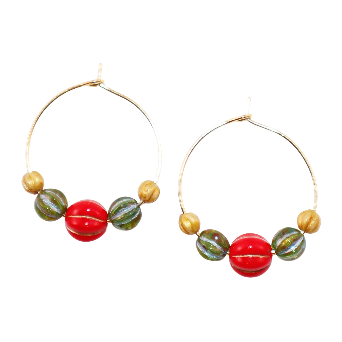 Beaded Hoop Earrings – Red, Green, Gold Beads