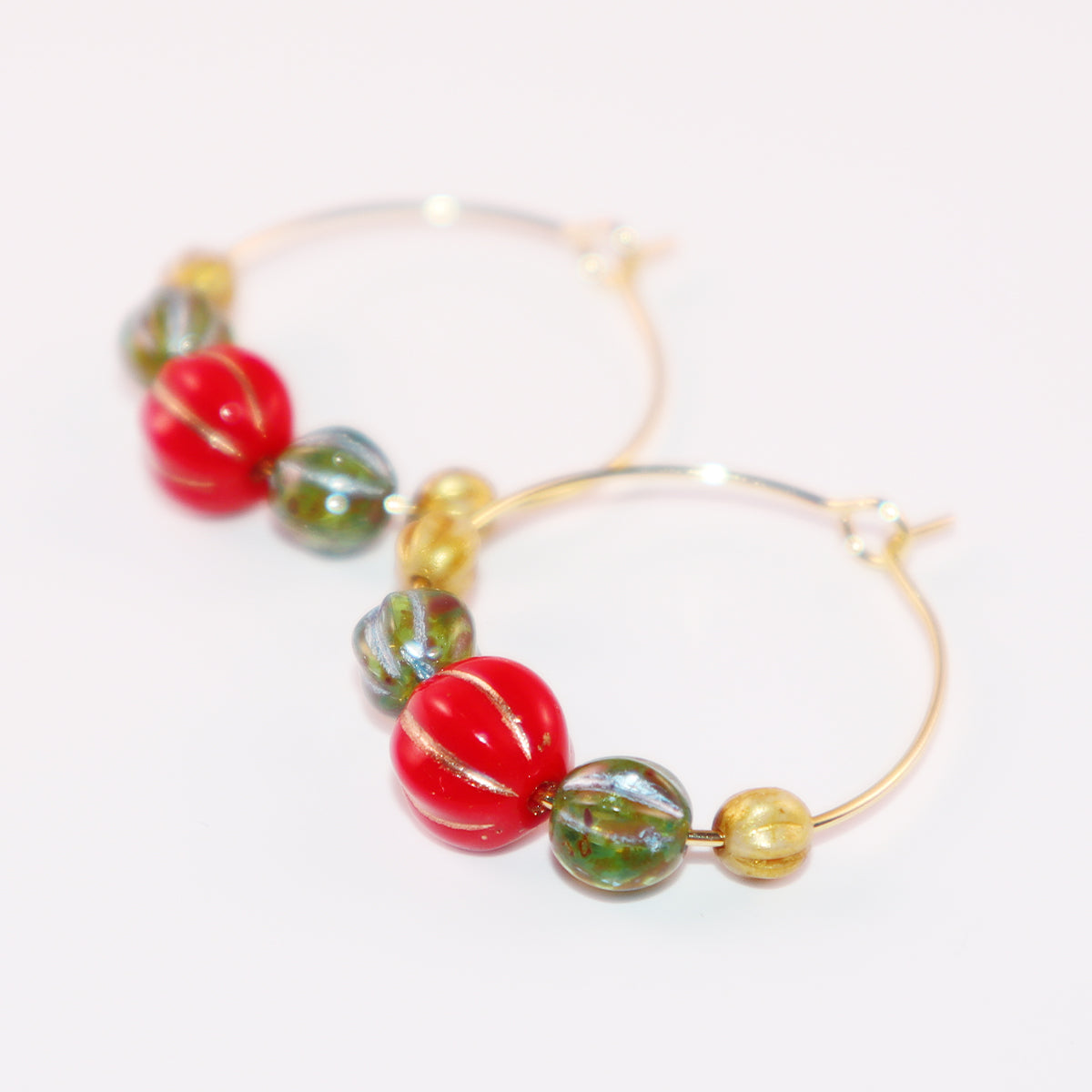 Beaded Hoop Earrings – Red, Green, Gold Beads