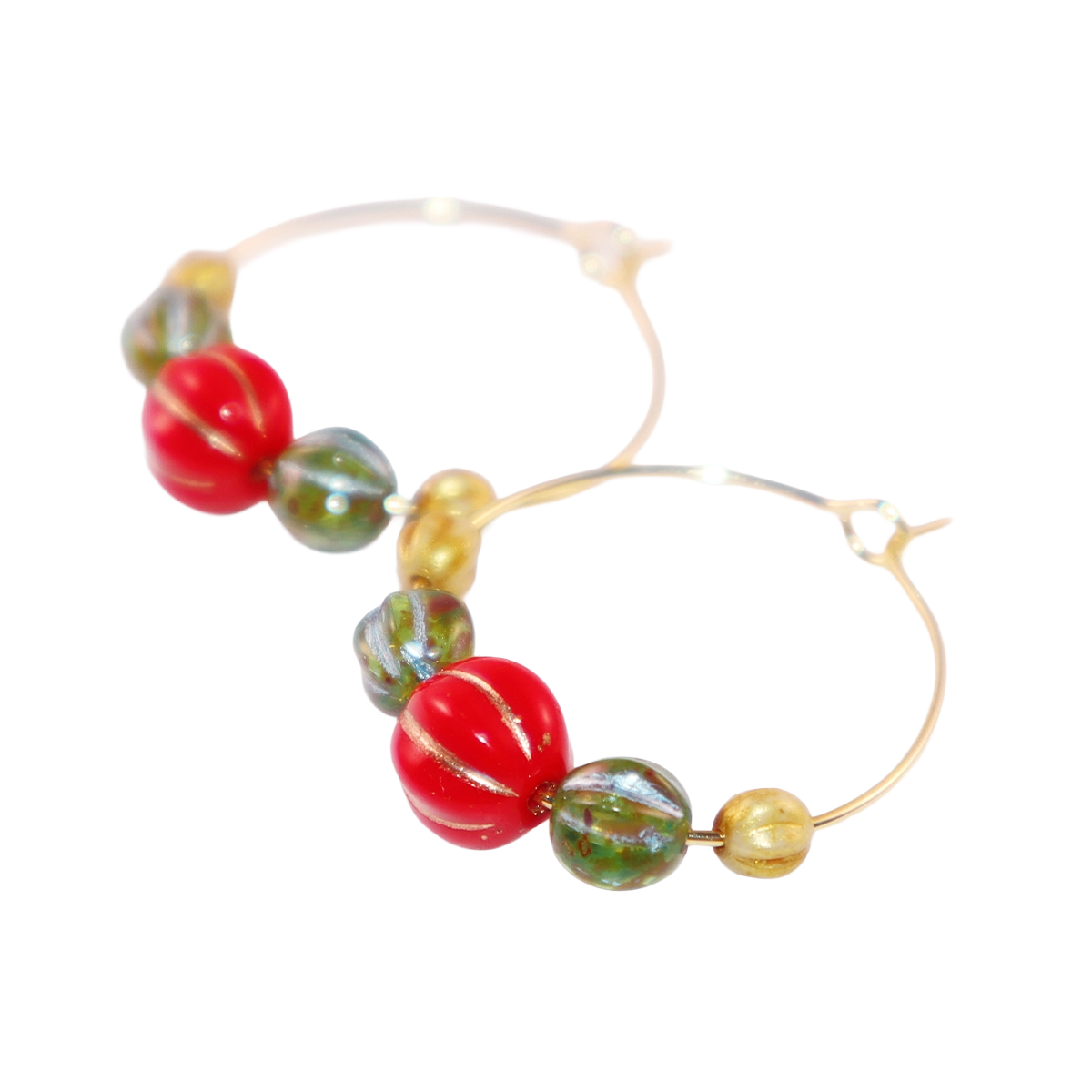 Beaded Hoop Earrings – Red, Green, Gold Beads