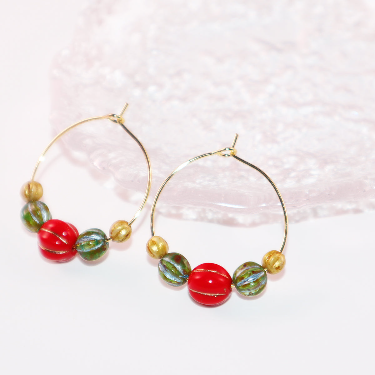 Beaded Hoop Earrings – Red, Green, Gold Beads