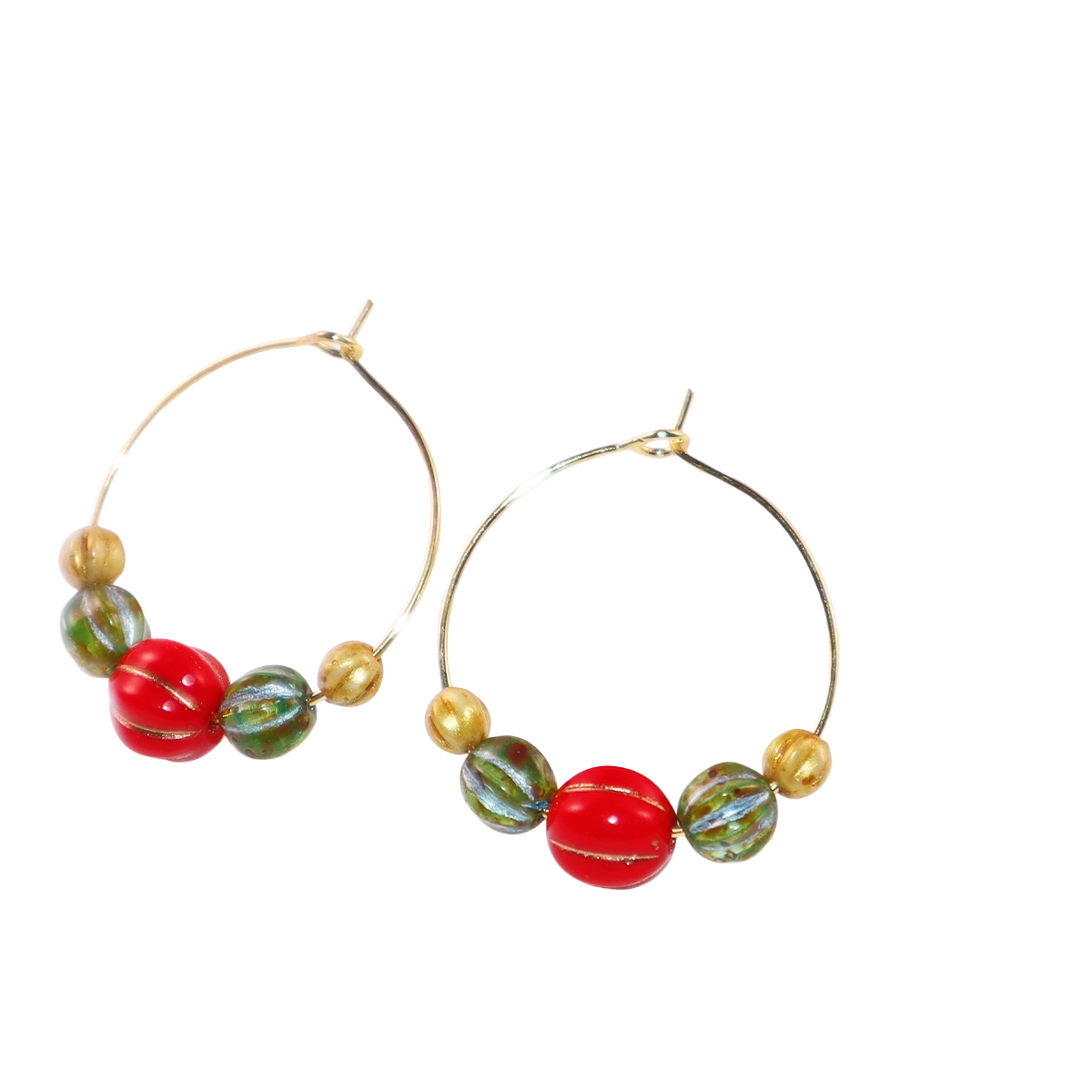 Beaded Hoop Earrings – Red, Green, Gold Beads