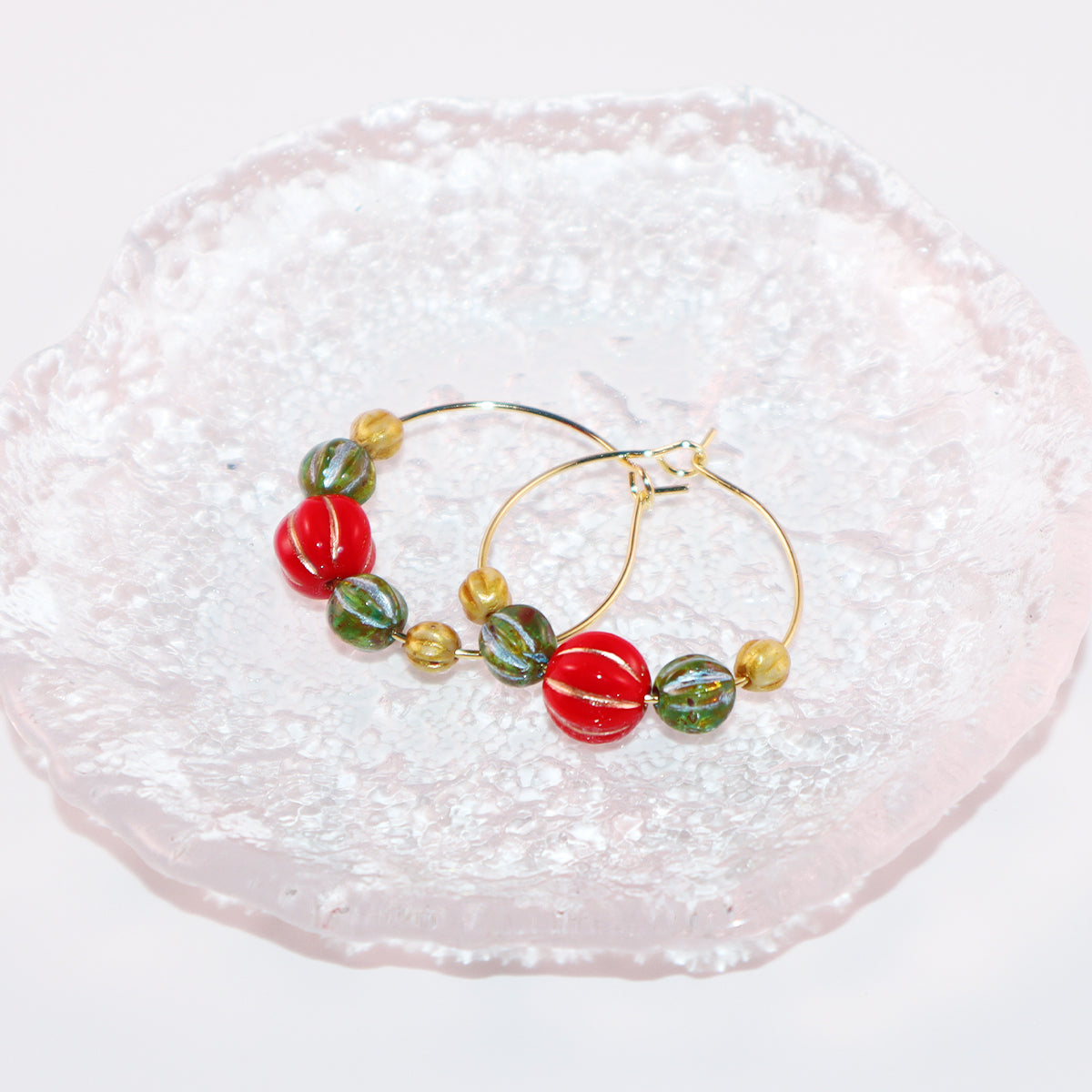 Beaded Hoop Earrings – Red, Green, Gold Beads