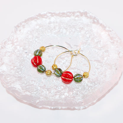 Beaded Hoop Earrings – Red, Green, Gold Beads