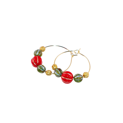 Beaded Hoop Earrings – Red, Green, Gold Beads