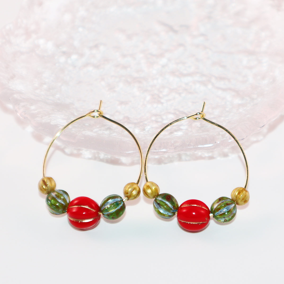 Beaded Hoop Earrings – Red, Green, Gold Beads