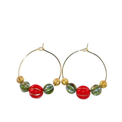Beaded Hoop Earrings – Red, Green, Gold Beads