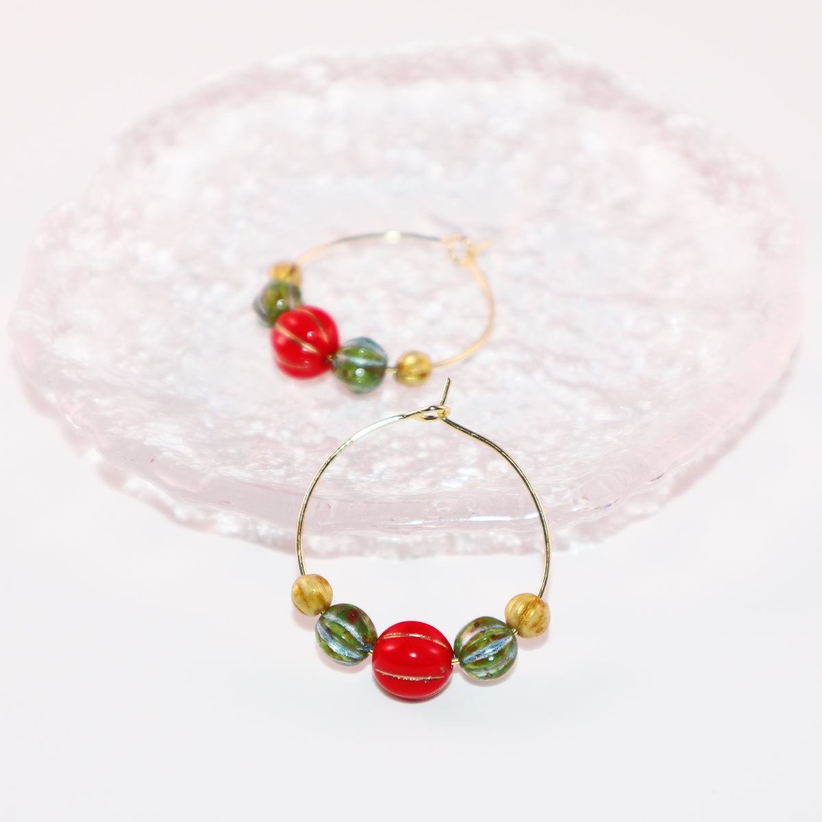 Beaded Hoop Earrings – Red, Green, Gold Beads