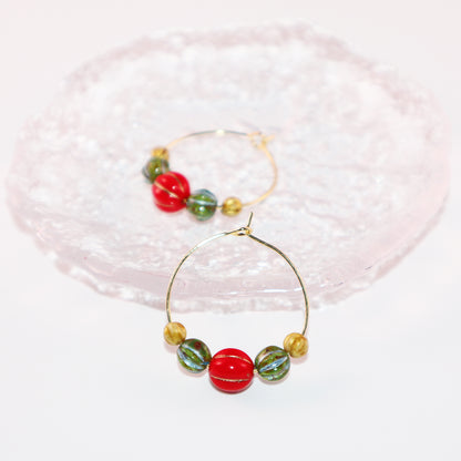 Beaded Hoop Earrings – Red, Green, Gold Beads