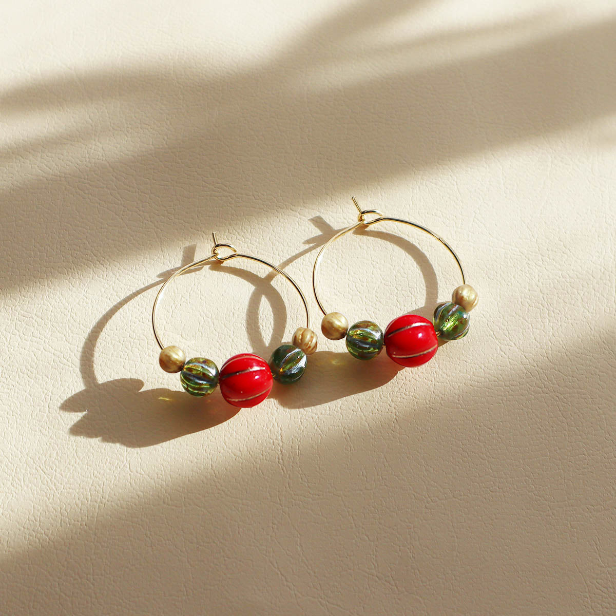 Beaded Hoop Earrings – Red, Green, Gold Beads