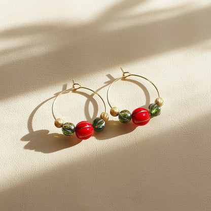 Beaded Hoop Earrings – Red, Green, Gold Beads