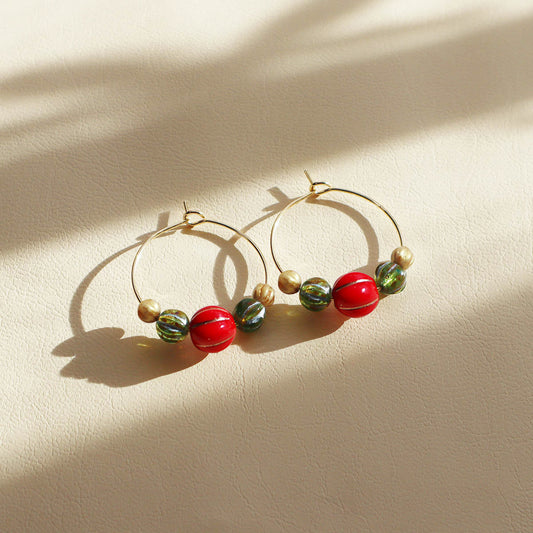 Beaded Hoop Earrings – Red, Green, Gold Beads
