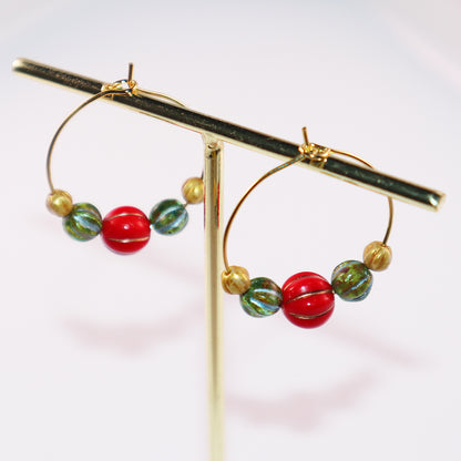 Beaded Hoop Earrings – Red, Green, Gold Beads