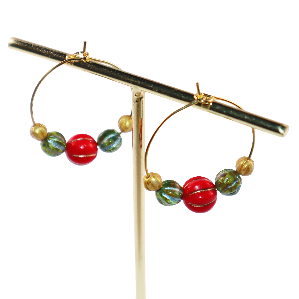 Beaded Hoop Earrings – Red, Green, Gold Beads
