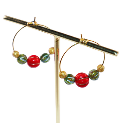 Beaded Hoop Earrings – Red, Green, Gold Beads