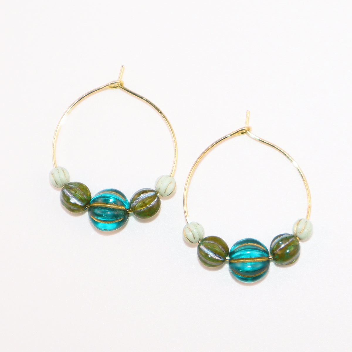 Beaded Hoop Earrings – Three Green Tones