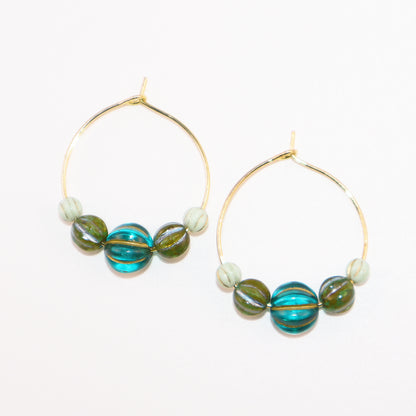 Beaded Hoop Earrings – Three Green Tones