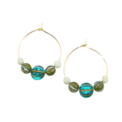 Beaded Hoop Earrings – Three Green Tones