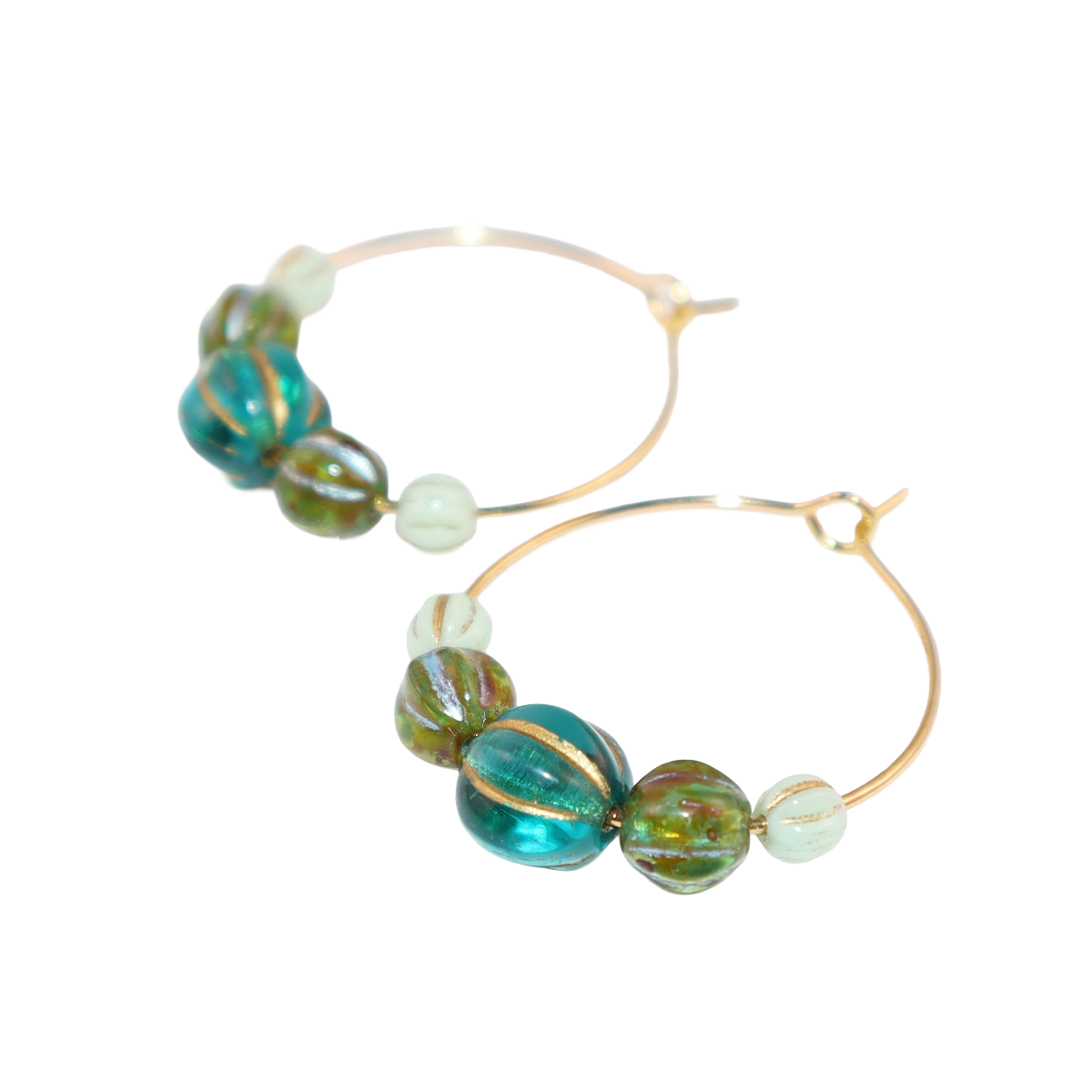 Beaded Hoop Earrings – Three Green Tones