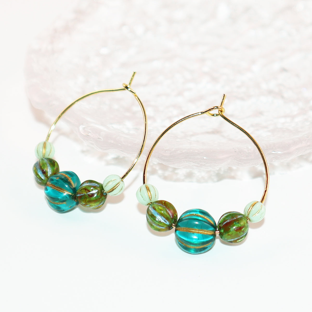 Beaded Hoop Earrings – Three Green Tones