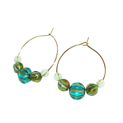 Beaded Hoop Earrings – Three Green Tones