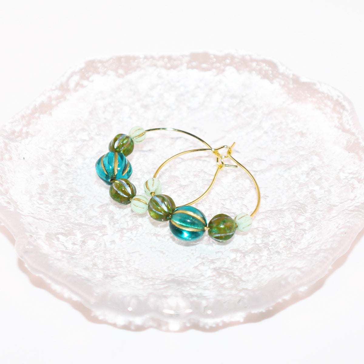 Beaded Hoop Earrings – Three Green Tones