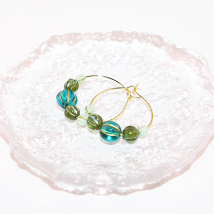 Beaded Hoop Earrings – Three Green Tones