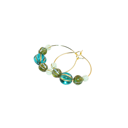 Beaded Hoop Earrings – Three Green Tones