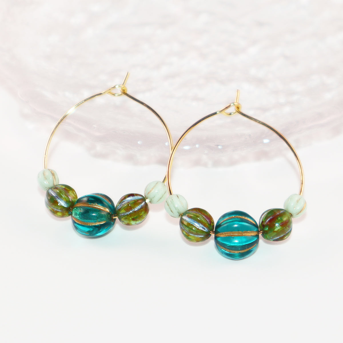 Beaded Hoop Earrings – Three Green Tones