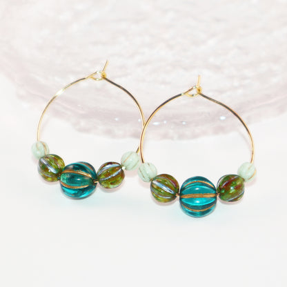 Beaded Hoop Earrings – Three Green Tones