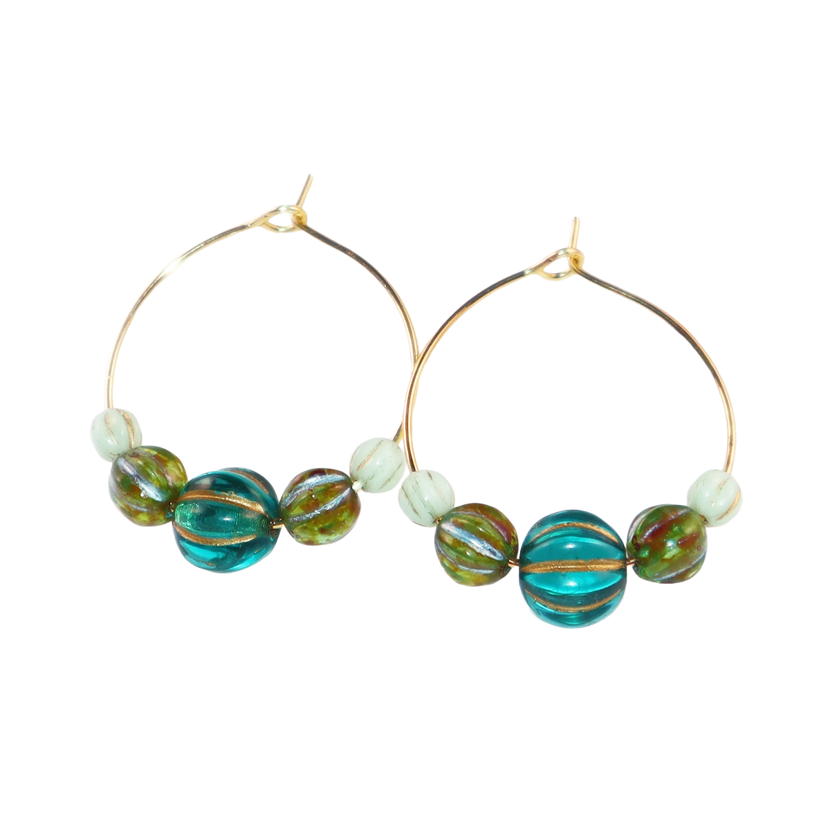 Beaded Hoop Earrings – Three Green Tones