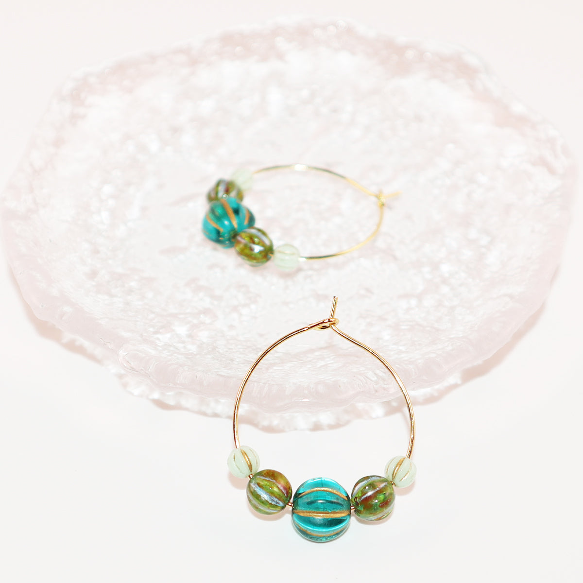 Beaded Hoop Earrings – Three Green Tones