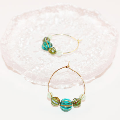 Beaded Hoop Earrings – Three Green Tones