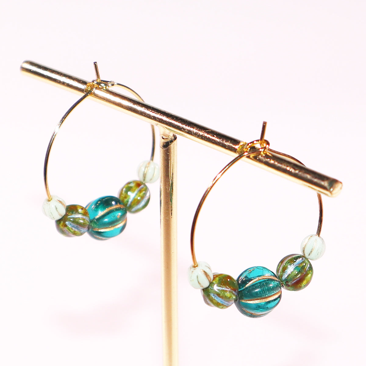 Beaded Hoop Earrings – Three Green Tones