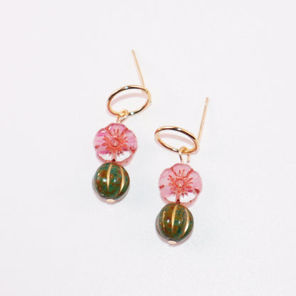 Beaded Stud Earrings – Pink Flower with Green Beaded Drop