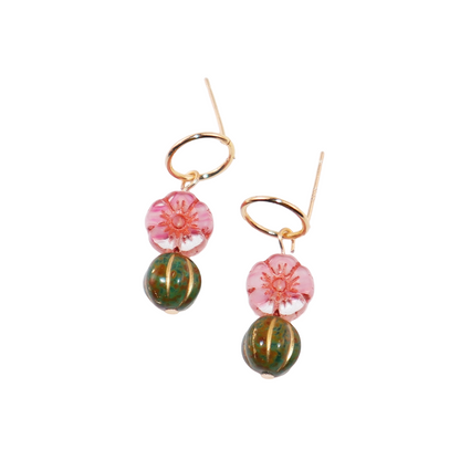 Beaded Stud Earrings – Pink Flower with Green Beaded Drop