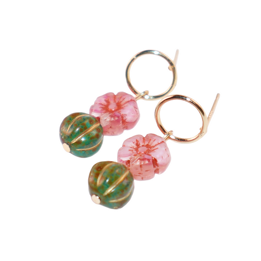 Beaded Stud Earrings – Pink Flower with Green Beaded Drop