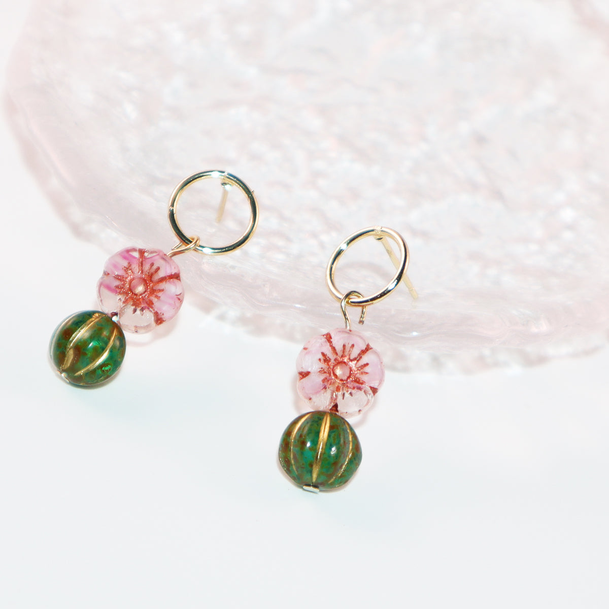 Beaded Stud Earrings – Pink Flower with Green Beaded Drop