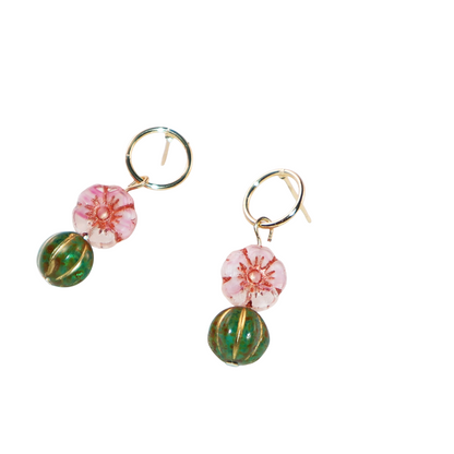 Beaded Stud Earrings – Pink Flower with Green Beaded Drop