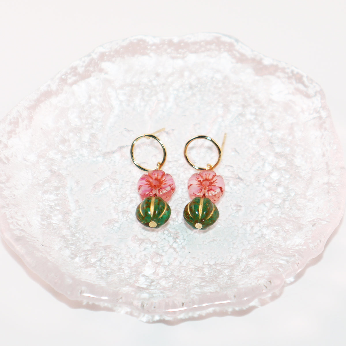 Beaded Stud Earrings – Pink Flower with Green Beaded Drop