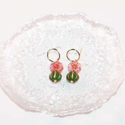 Beaded Stud Earrings – Pink Flower with Green Beaded Drop