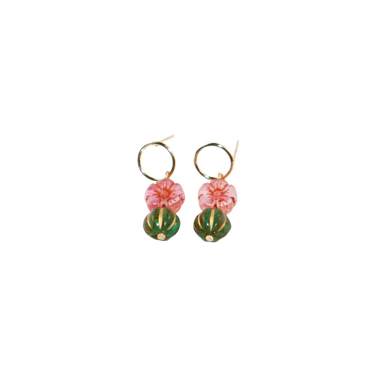 Beaded Stud Earrings – Pink Flower with Green Beaded Drop