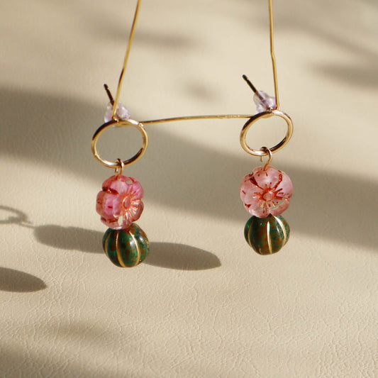 Beaded Stud Earrings – Pink Flower with Green Beaded Drop